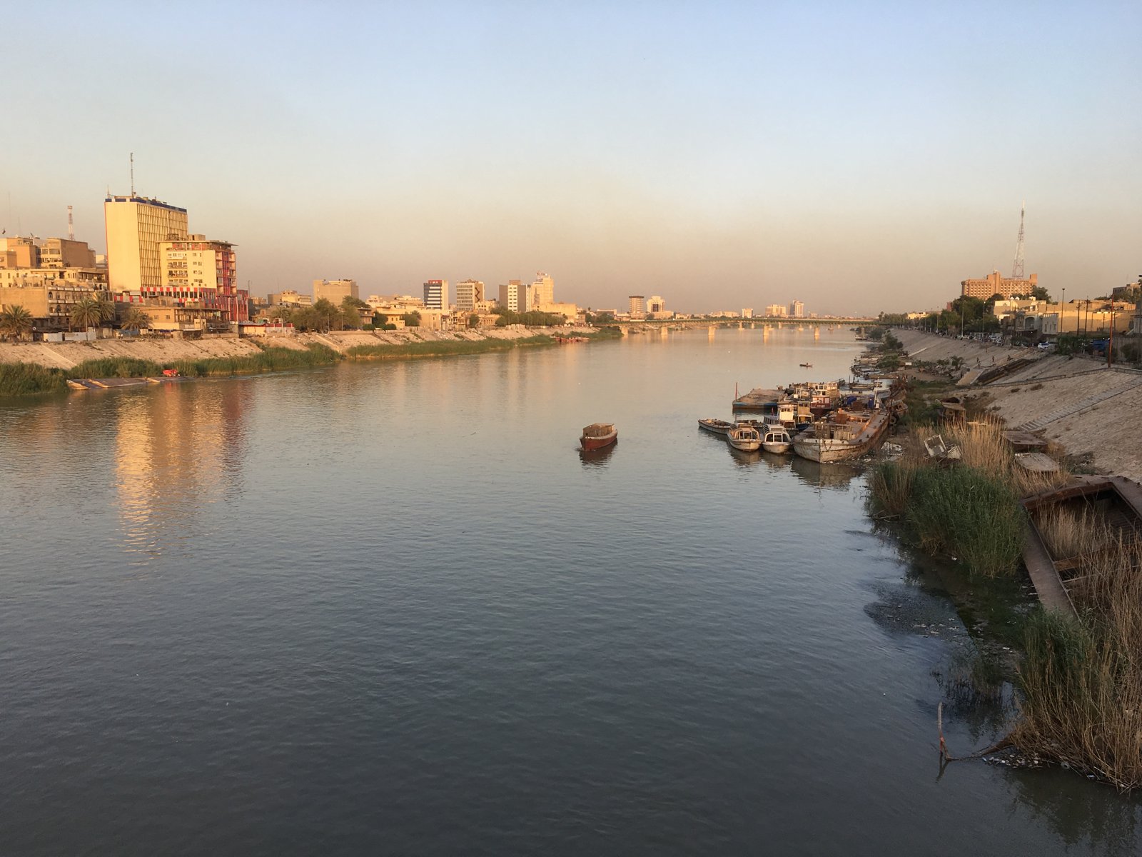 The Tigris River and Baghdad skyline at sunset, photographed in 2016